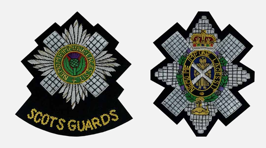 Two Wire Embroidered Cap Badges for the Scots Guards