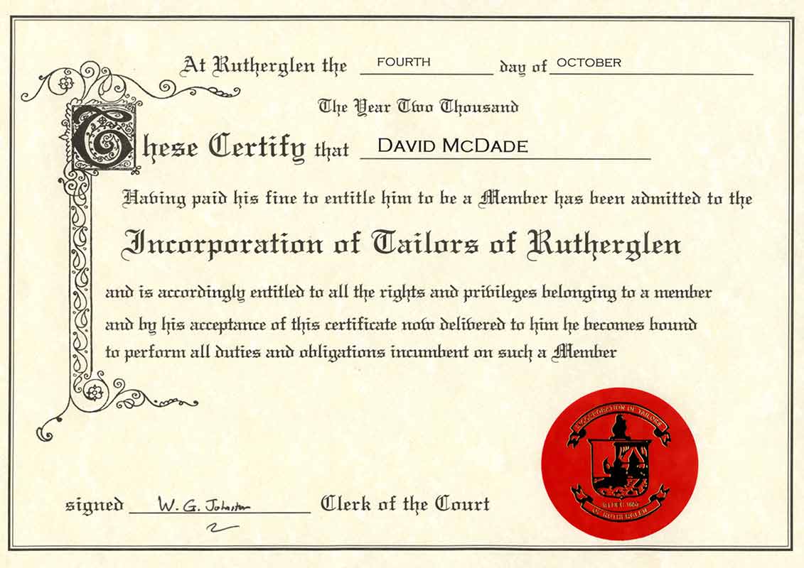 Incorporation of Tailors of Rutherglen Certificate for David McDade